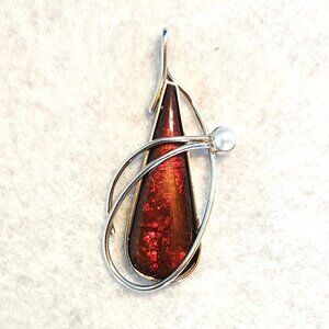 2’’ Vintage Sterling Silver Red Ammolite & Pearl Pendant – Canadian Original